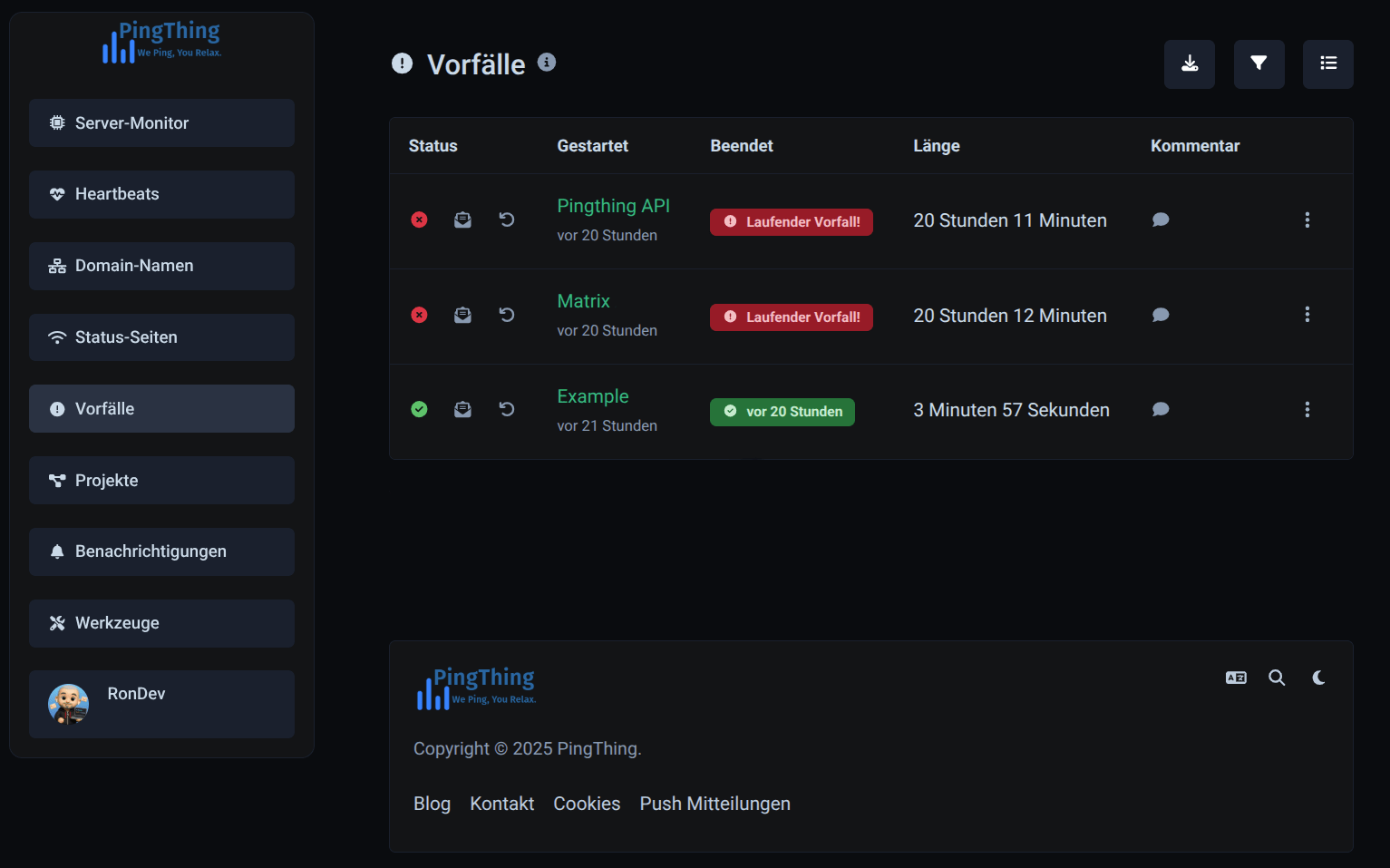 Screenshot of the app monitors incidents page