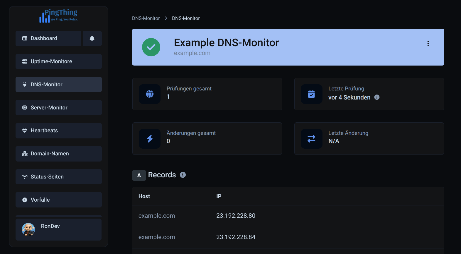 Screenshot of the app DNS monitor page